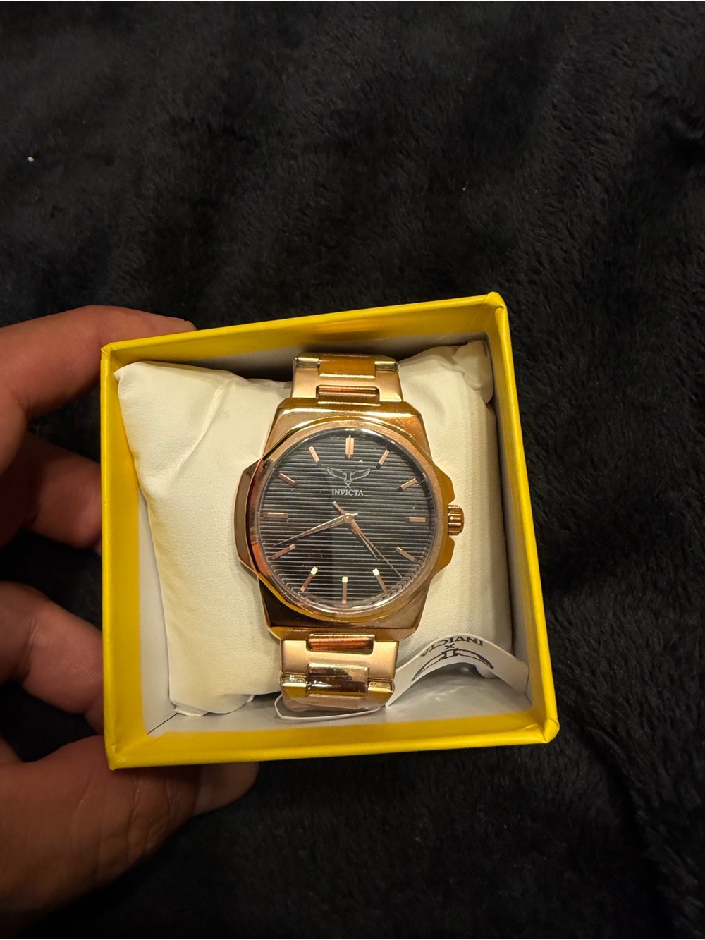 Invicta Rose Gold Tone Watch with Black Dial